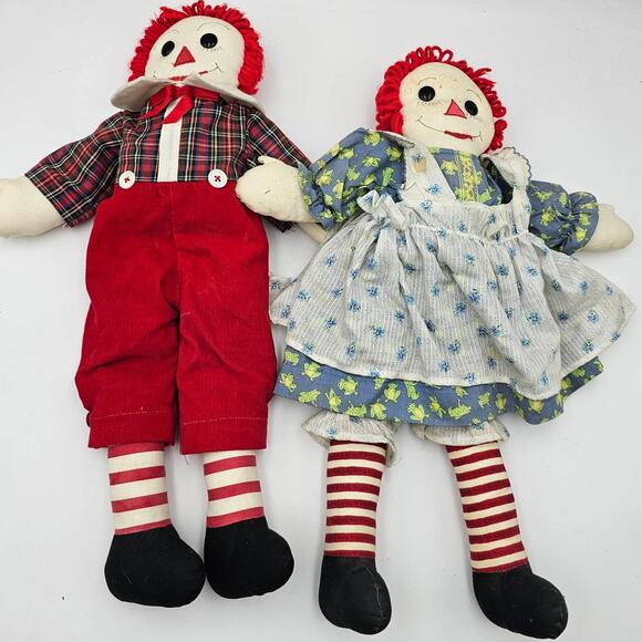 Vintage Pair Handmade 20" Raggedy Ann Andy Dolls Hand Sewn Clothing - Picture 1 of 11